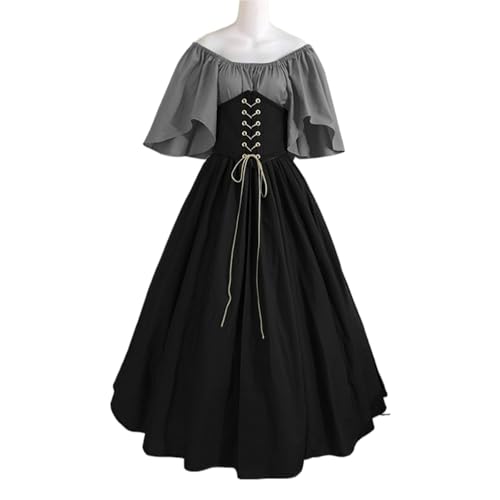 VCSZYAFX Damen Patchwork Mittelalter Renaissance Kleid Halloween Gothic Schulterfrei Retro Langes(Grey Black,XXXL) von VCSZYAFX