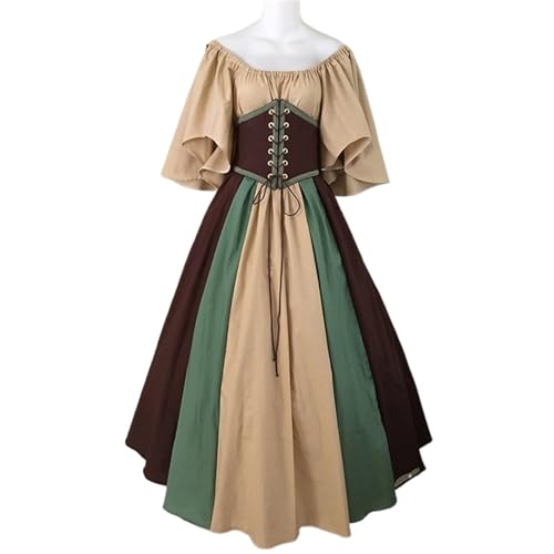 VCSZYAFX Damen Patchwork Mittelalter Renaissance Kleid Halloween Gothic Schulterfrei Retro Langes(Khaki,XS) von VCSZYAFX
