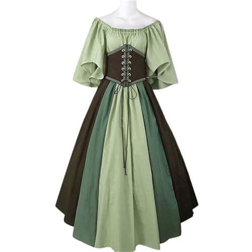 VCSZYAFX Damen Patchwork Mittelalter Renaissance Kleid Halloween Gothic Schulterfrei Retro Langes(Light green,XXL) von VCSZYAFX