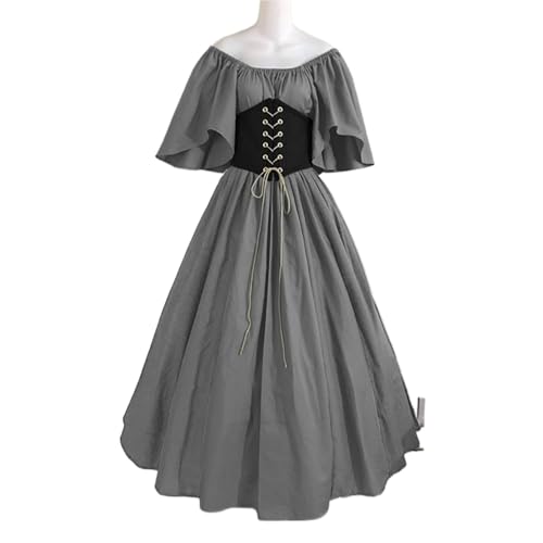VCSZYAFX Damen Patchwork Mittelalter Renaissance Kleid Halloween Gothic Schulterfrei Retro Langes(Pure Grey,XXL) von VCSZYAFX