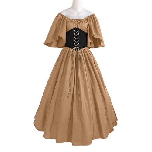 VCSZYAFX Damen Patchwork Mittelalter Renaissance Kleid Halloween Gothic Schulterfrei Retro Langes(Pure Khaki,Color 6 50 * 300cm) von VCSZYAFX