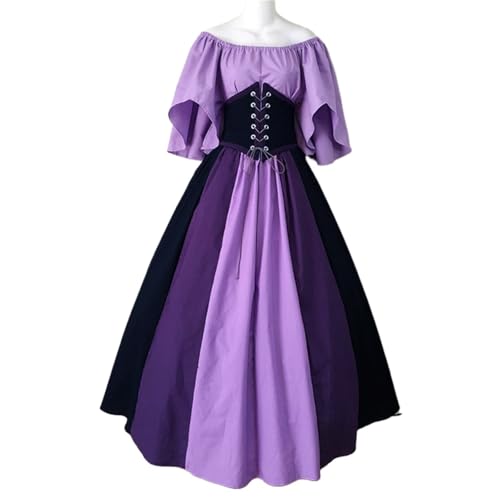VCSZYAFX Damen Patchwork Mittelalter Renaissance Kleid Halloween Gothic Schulterfrei Retro Langes(Purple,S) von VCSZYAFX