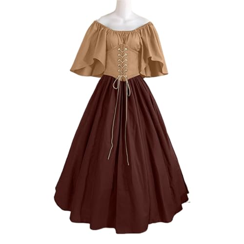 VCSZYAFX Damen Patchwork Mittelalter Renaissance Kleid Halloween Gothic Schulterfrei Retro Langes(Red Khaki,XXS) von VCSZYAFX