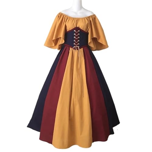 VCSZYAFX Damen Patchwork Mittelalter Renaissance Kleid Halloween Gothic Schulterfrei Retro Langes(Yellow,XL) von VCSZYAFX