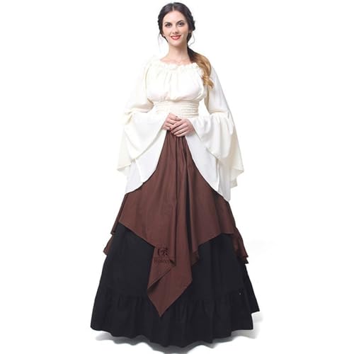 VCSZYAFX Damen Renaissance Mittelalter Lange Kleider for Halloween Cosplay Ballkleider Kostüme Ärmel Taille Retro Kleid(Brown,S) von VCSZYAFX