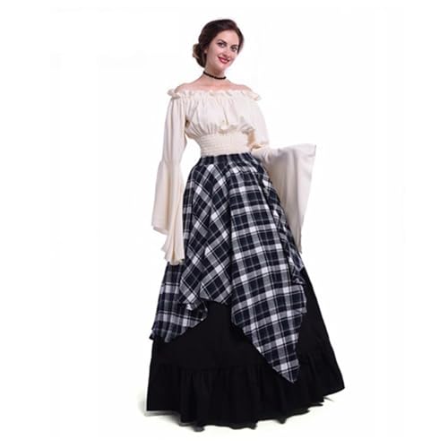 VCSZYAFX Damen Renaissance Mittelalter Lange Kleider for Halloween Cosplay Ballkleider Kostüme Ärmel Taille Retro Kleid(Lattice black,S) von VCSZYAFX