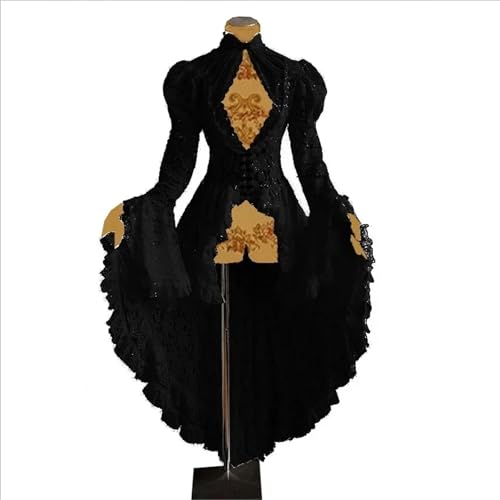 VCSZYAFX Damen S-5XL Cosplay Kleid Gothic Stil Asymmetrische Halloween Retro Vintage Solide Spitze Mittelalter Strickjacke(Black,4XL) von VCSZYAFX