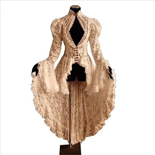 VCSZYAFX Damen S-5XL Cosplay Kleid Gothic Stil Asymmetrische Halloween Retro Vintage Solide Spitze Mittelalter Strickjacke(Khaki,5XL) von VCSZYAFX