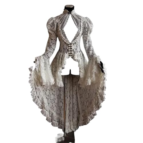 VCSZYAFX Damen S-5XL Cosplay Kleid Gothic Stil Asymmetrische Halloween Retro Vintage Solide Spitze Mittelalter Strickjacke(WHITE,XXL) von VCSZYAFX