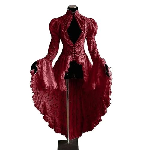 VCSZYAFX Damen S-5XL Cosplay Kleid Gothic Stil Asymmetrische Halloween Retro Vintage Solide Spitze Mittelalter Strickjacke(Wine,S) von VCSZYAFX