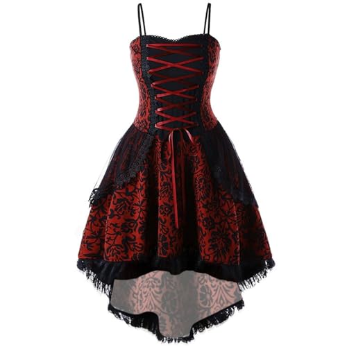 VCSZYAFX Damen Vintage Print Kleid Gothic Spitze Halloween Cosplay Kostüm Unregelmäßige Robe Mittelalter(Red,XL) von VCSZYAFX