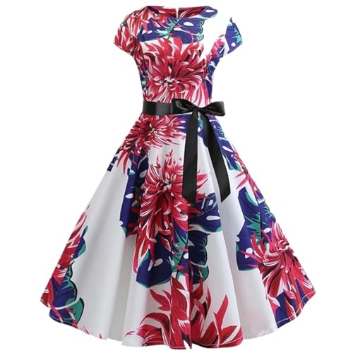 VCSZYAFX Frauen Blumendruck Sommerkleid Vintage Weibliche Kurzarm Retro Robe Rockabilly Party Kleider Vestidos(Color-02,S) von VCSZYAFX