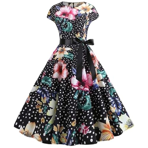 VCSZYAFX Frauen Blumendruck Sommerkleid Vintage Weibliche Kurzarm Retro Robe Rockabilly Party Kleider Vestidos(Color-04,XL) von VCSZYAFX