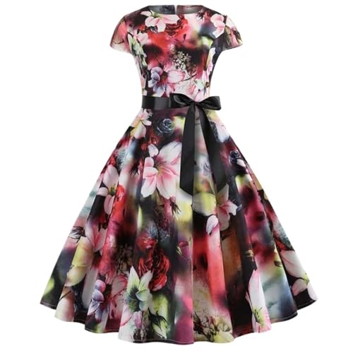 VCSZYAFX Frauen Blumendruck Sommerkleid Vintage Weibliche Kurzarm Retro Robe Rockabilly Party Kleider Vestidos(Color-15,XXL) von VCSZYAFX