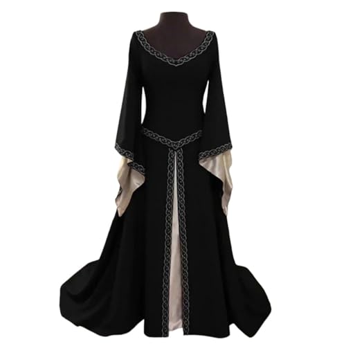 VCSZYAFX Frauen Damen Mittelalter Renaissance Kleid Hochzeit Party Cosplay Kostüm V-Ausschnitt Maxikleid Robe Mode(Black,XL) von VCSZYAFX