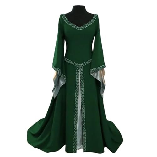 VCSZYAFX Frauen Damen Mittelalter Renaissance Kleid Hochzeit Party Cosplay Kostüm V-Ausschnitt Maxikleid Robe Mode(Green,L) von VCSZYAFX