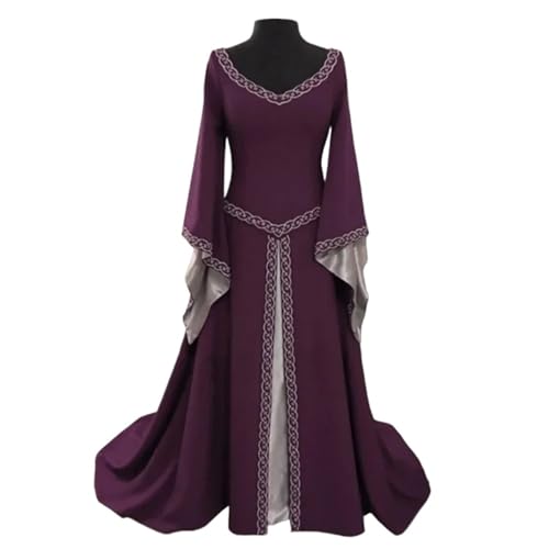 VCSZYAFX Frauen Damen Mittelalter Renaissance Kleid Hochzeit Party Cosplay Kostüm V-Ausschnitt Maxikleid Robe Mode(Purple,L) von VCSZYAFX