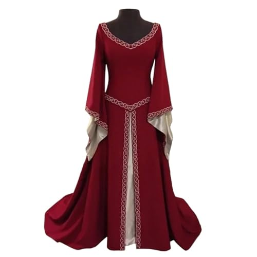 VCSZYAFX Frauen Damen Mittelalter Renaissance Kleid Hochzeit Party Cosplay Kostüm V-Ausschnitt Maxikleid Robe Mode(Red,XL) von VCSZYAFX