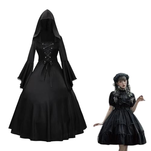 VCSZYAFX Gothic Mittelalterliche Kleider Retro Big Swing Langarm Schnürung Kapuzenkleid Flare Halloween Kostüme(S) von VCSZYAFX