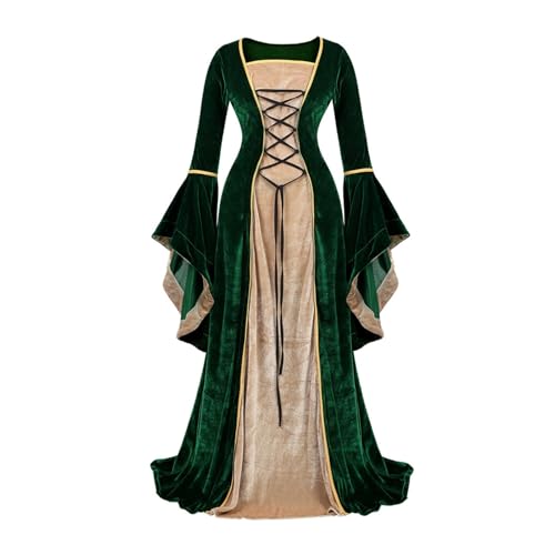 VCSZYAFX Mittelalter Renaissance Samt Langes Kleid Damen Gothiced Court, Cosplay Halloween Kostüm Elegant(Green,L) von VCSZYAFX