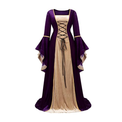 VCSZYAFX Mittelalter Renaissance Samt Langes Kleid Damen Gothiced Court, Cosplay Halloween Kostüm Elegant(Purple,S) von VCSZYAFX