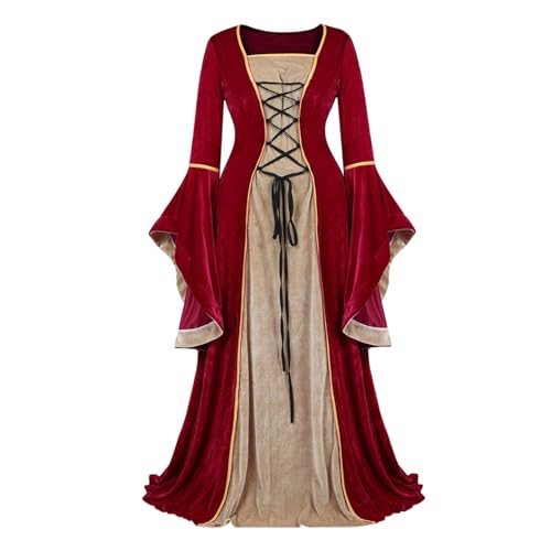 VCSZYAFX Mittelalter Renaissance Samt Langes Kleid Damen Gothiced Court, Cosplay Halloween Kostüm Elegant(Wine red,M) von VCSZYAFX