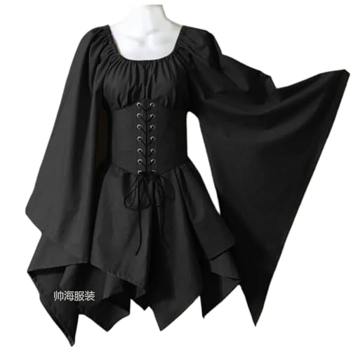 VCSZYAFX Mittelalterkleider Hornärmel Langärmeliges Mittelalterliches Renaissancekleid Hohe Taille Lässige Bequeme Herbst-Winter-Kleidung(Black,M) von VCSZYAFX