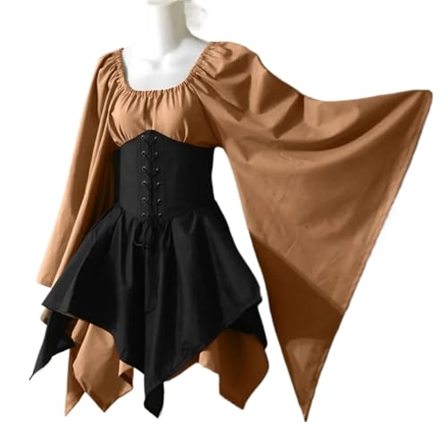 VCSZYAFX Mittelalterkleider Hornärmel Langärmeliges Mittelalterliches Renaissancekleid Hohe Taille Lässige Bequeme Herbst-Winter-Kleidung(Coffee,XXXL) von VCSZYAFX