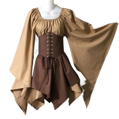 VCSZYAFX Mittelalterkleider Hornärmel Langärmeliges Mittelalterliches Renaissancekleid Hohe Taille Lässige Bequeme Herbst-Winter-Kleidung(Khaki,XL) von VCSZYAFX
