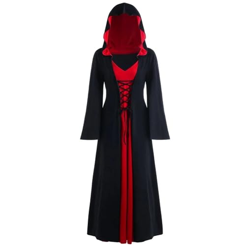 VCSZYAFX Mittelalterliches Kleid for Damen, Schnürung, Vintage-Kapuzenmantel, Robe, Kostüm for Erwachsene, Retro, Cosplay, Halloween, gruseliges Vampir-Hexe-Langes(Black,XXXL) von VCSZYAFX