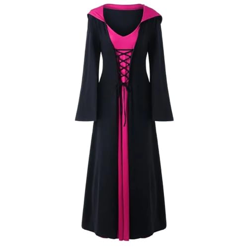 VCSZYAFX Mittelalterliches Kleid for Damen, Schnürung, Vintage-Kapuzenmantel, Robe, Kostüm for Erwachsene, Retro, Cosplay, Halloween, gruseliges Vampir-Hexe-Langes(Pink,XL) von VCSZYAFX