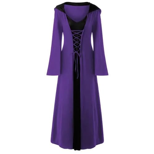 VCSZYAFX Mittelalterliches Kleid for Damen, Schnürung, Vintage-Kapuzenmantel, Robe, Kostüm for Erwachsene, Retro, Cosplay, Halloween, gruseliges Vampir-Hexe-Langes(Purple,L) von VCSZYAFX