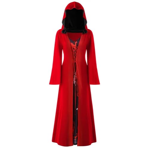VCSZYAFX Mittelalterliches Kleid for Damen, Schnürung, Vintage-Kapuzenmantel, Robe, Kostüm for Erwachsene, Retro, Cosplay, Halloween, gruseliges Vampir-Hexe-Langes(Red,XL) von VCSZYAFX