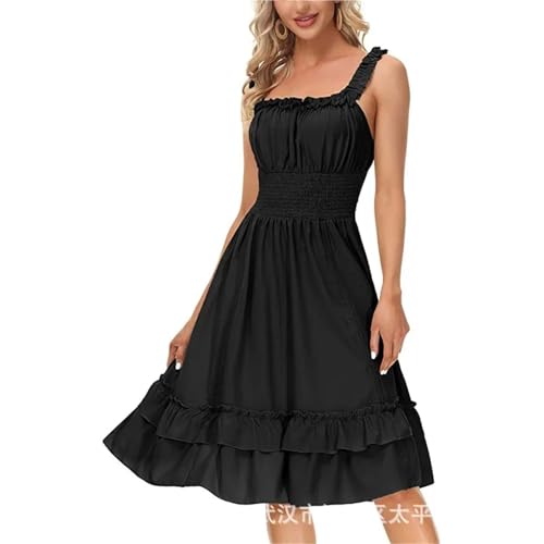 VCSZYAFX Mittelalterliches Renaissance-Vintage-langes Kleid mit gesmokten Taillen und viktorianischem ärmellosem Riemen, Halloween, Steampunk, Gothic, Cosplay(Black,XS) von VCSZYAFX