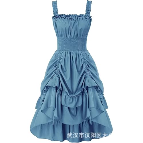 VCSZYAFX Mittelalterliches Renaissance-Vintage-langes Kleid mit gesmokten Taillen und viktorianischem ärmellosem Riemen, Halloween, Steampunk, Gothic, Cosplay(Blue,XS) von VCSZYAFX
