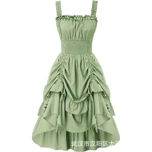 VCSZYAFX Mittelalterliches Renaissance-Vintage-langes Kleid mit gesmokten Taillen und viktorianischem ärmellosem Riemen, Halloween, Steampunk, Gothic, Cosplay(Green,M) von VCSZYAFX