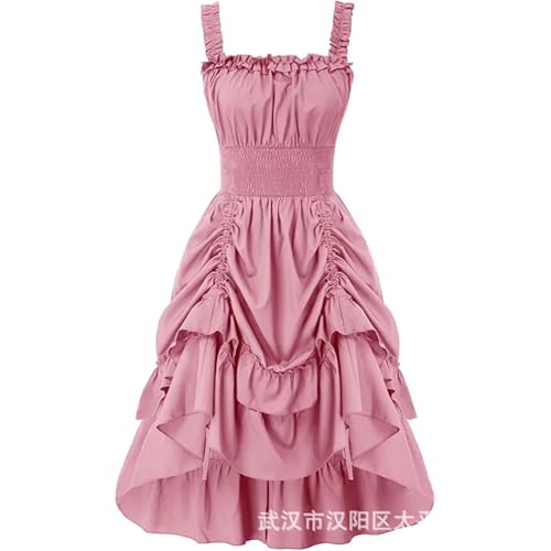VCSZYAFX Mittelalterliches Renaissance-Vintage-langes Kleid mit gesmokten Taillen und viktorianischem ärmellosem Riemen, Halloween, Steampunk, Gothic, Cosplay(Pink,XXL) von VCSZYAFX