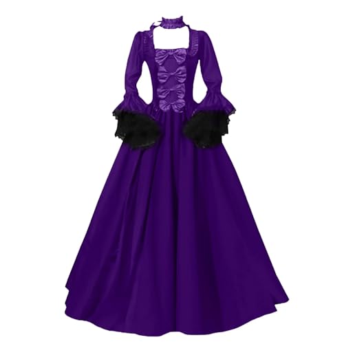 VCSZYAFX Mittelalterliches viktorianisches Gericht Spitze Patchwork Gothic Kleid Halloween Hexe Cosplay Party Kostüm Quadratischer Hals Flare Ärmel Maxi(Color 4,M) von VCSZYAFX