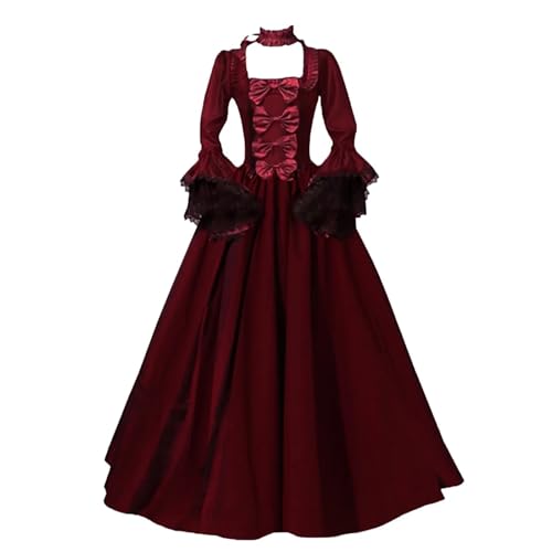 VCSZYAFX Mittelalterliches viktorianisches Gericht Spitze Patchwork Gothic Kleid Halloween Hexe Cosplay Party Kostüm Quadratischer Hals Flare Ärmel Maxi(Wine,L) von VCSZYAFX