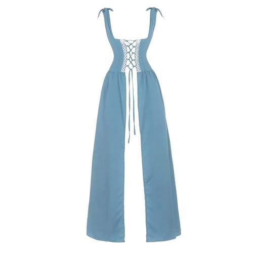 VCSZYAFX Renaissance Mittelalter Vintage Boho Langarmkleid Damen Patchwork Schnürung über zwei Stück Retro Kleid Plus Size(6504ALight Blue,S) von VCSZYAFX