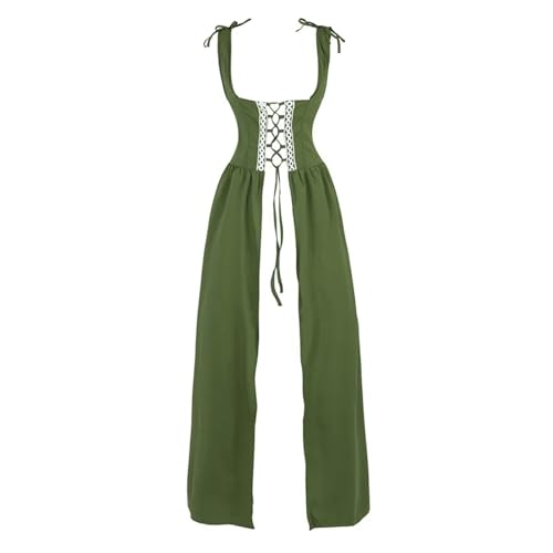 VCSZYAFX Renaissance Mittelalter Vintage Boho Langarmkleid Damen Patchwork Schnürung über zwei Stück Retro Kleid Plus Size(6504AOlive Green,XS) von VCSZYAFX