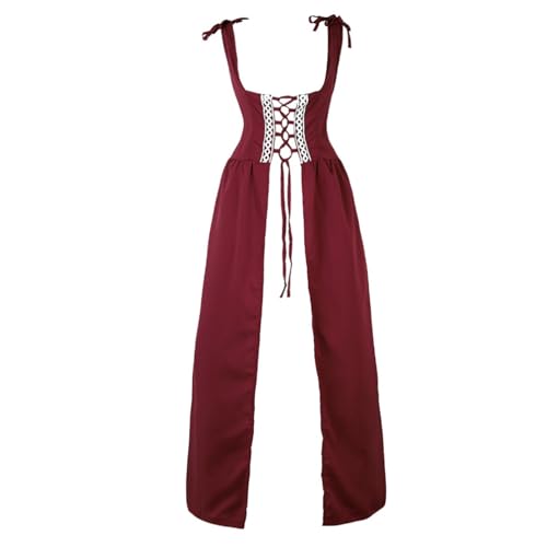 VCSZYAFX Renaissance Mittelalter Vintage Boho Langarmkleid Damen Patchwork Schnürung über zwei Stück Retro Kleid Plus Size(6504AWine Red,XS) von VCSZYAFX