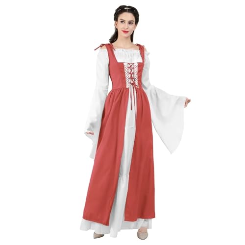 VCSZYAFX Renaissance Mittelalter Vintage Boho Langarmkleid Damen Patchwork Schnürung über zwei Stück Retro Kleid Plus Size(6504Brick Red,XS) von VCSZYAFX