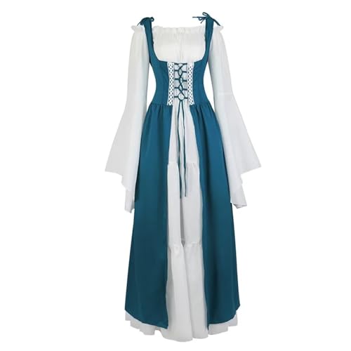 VCSZYAFX Renaissance Mittelalter Vintage Boho Langarmkleid Damen Patchwork Schnürung über zwei Stück Retro Kleid Plus Size(6504Dark Green,L) von VCSZYAFX