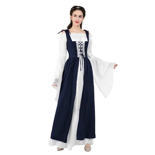 VCSZYAFX Renaissance Mittelalter Vintage Boho Langarmkleid Damen Patchwork Schnürung über zwei Stück Retro Kleid Plus Size(6504Deep Blue,XXL) von VCSZYAFX