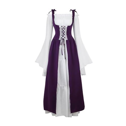 VCSZYAFX Renaissance Mittelalter Vintage Boho Langarmkleid Damen Patchwork Schnürung über zwei Stück Retro Kleid Plus Size(6504DeepPurple,XS) von VCSZYAFX