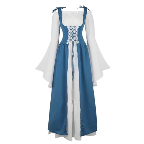VCSZYAFX Renaissance Mittelalter Vintage Boho Langarmkleid Damen Patchwork Schnürung über zwei Stück Retro Kleid Plus Size(6504Lake Blue,XXXL) von VCSZYAFX