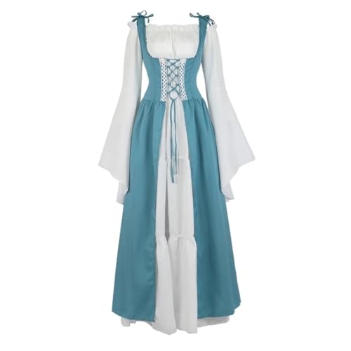VCSZYAFX Renaissance Mittelalter Vintage Boho Langarmkleid Damen Patchwork Schnürung über zwei Stück Retro Kleid Plus Size(6504Light Blue,L) von VCSZYAFX