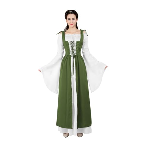 VCSZYAFX Renaissance Mittelalter Vintage Boho Langarmkleid Damen Patchwork Schnürung über zwei Stück Retro Kleid Plus Size(6504Olive Green,M) von VCSZYAFX