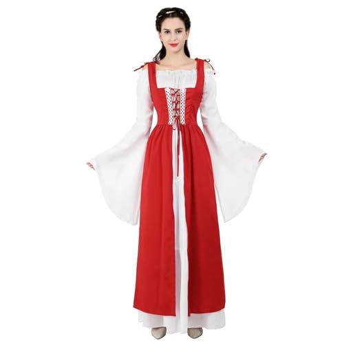 VCSZYAFX Renaissance Mittelalter Vintage Boho Langarmkleid Damen Patchwork Schnürung über zwei Stück Retro Kleid Plus Size(6504Red,XXL) von VCSZYAFX